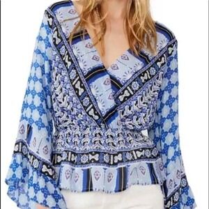 NWT Free People‎ Peasant Blouse Indigo Combo Bell Sleeve Bohemian Top M